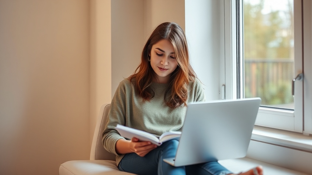 밝은 창가에 앉아 노트북과 다이어리를 펼쳐두고 차분하게 향후 계획을 정리하고 있는 모습