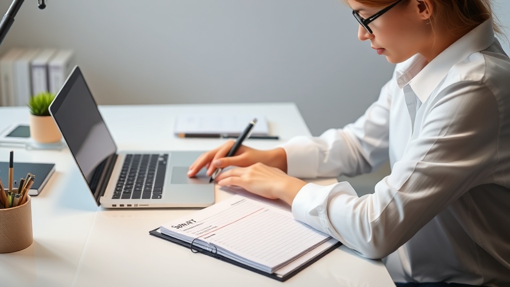깔끔하게 정리된 책상 위에서 노트북과 플래너를 활용해 SMART 목표를 설계하고 있는 전문가의 모습